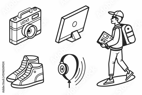 Isometric icons of camera monitor headphones shoes and delivery person
