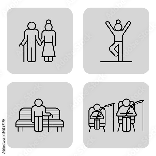 Four distinct line icons of various activities of elderly people, including walking, yoga, sitting on bench and fishing. Retirement concept