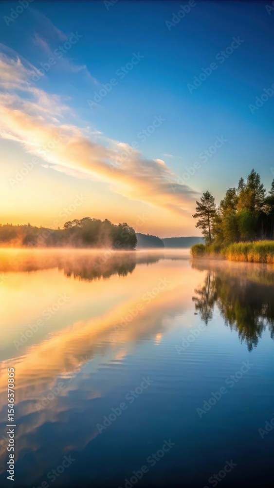 Obraz premium A serene and peaceful lake at dawn with mist rising from the water