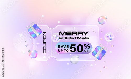 Holographic transparency coupon discount and gifts and ball shape chrome color. Discount offer tag with shiny, glossy, reflective surface.