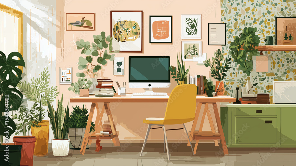 Fototapeta premium A flat vector illustration of a modern minimalist home office shows a desk with a computer, plants, and wall art, all styled in warm tones.