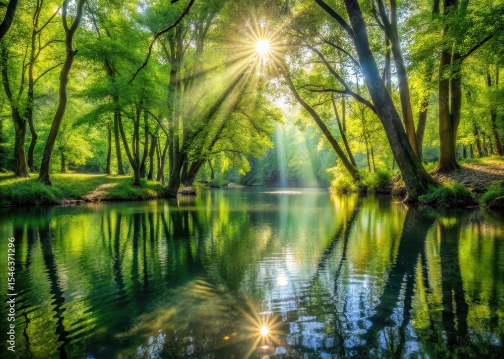 Fototapeta premium forest scene with sunlight filtering through trees