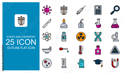 Science And Laboratory Outline Flat icon set. Icon Vector Science equipment, Laboratory,Biotechnology in Outline flat design style.