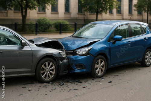 A blue car is parked next to a black car that has been in a collision. The blue car is in a state of disrepair, with its front end smashed in. The scene is chaotic and dangerous