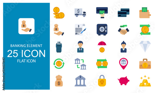 Bank Solid Flat Design Icon vector illustration bundle. Solid flat Design icon Package.