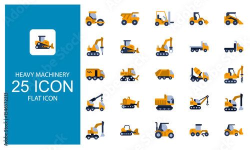 Heavy Machinery icon set. Icon Vector Heavy Equipment and construction vehicles symbol in flat design style set.