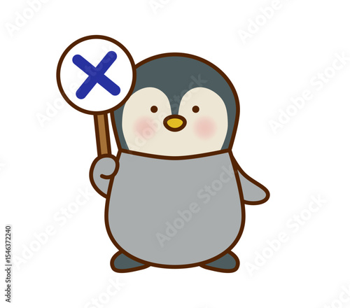 ×の札を持つペンギンのかわいいイラスト（ベクター）
