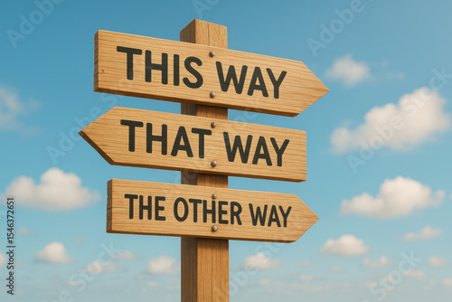 A wooden sign with three arrows pointing in different directions and the words 