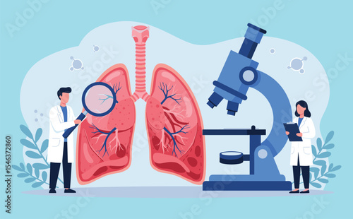 Medical Professionals Examining Lungs and Using Microscope: Respiratory Health Research Illustration flat vector illustration