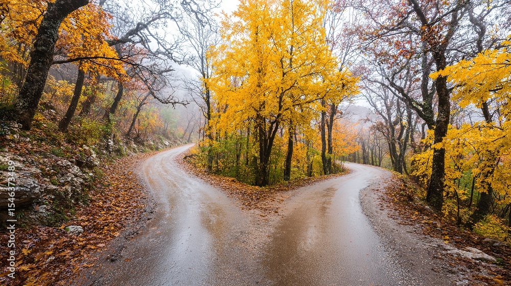 Fototapeta premium A forked road through autumn woods, misty and serene, symbolizing life's crossroads