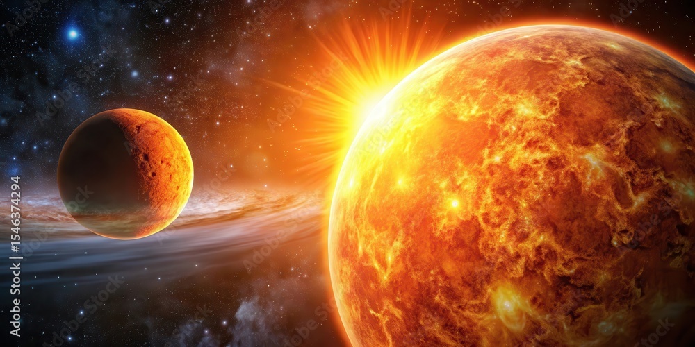 Obraz premium Vibrant orange sun shines brightly in the dark sky with a mysterious planet looming in the background