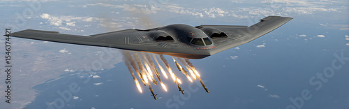 Stealth bomber releasing six SDBs in precise fan-out pattern with laser designation dot blinking, target building showing stress fractures amidst chaos and destruction.