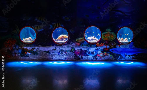 Prachuap Khiri Khan, Thailand - May 17, 2025 : Fish tank at Waghor Aquarium, part of King Mongkut Memorial Park of Science and Technology, in Prachuab Kirikhan, Thailand.