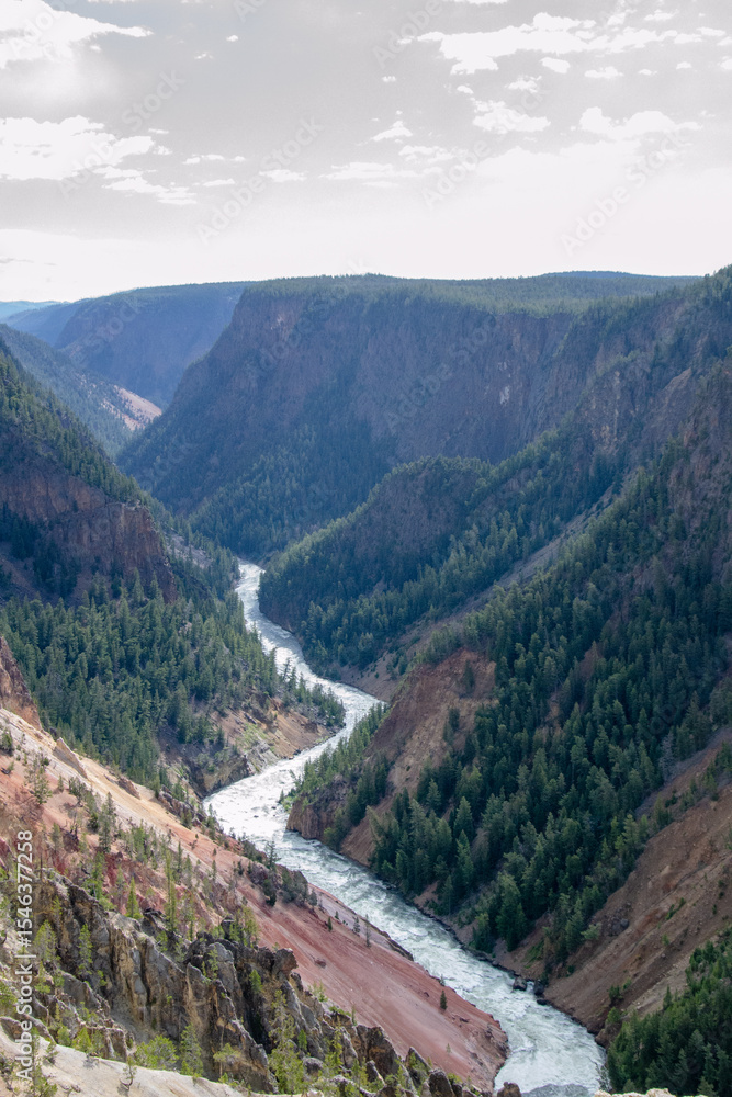 Fototapeta premium Yellowstone River Carved Canyon with Colorful Slopes and Vibrant Trees
