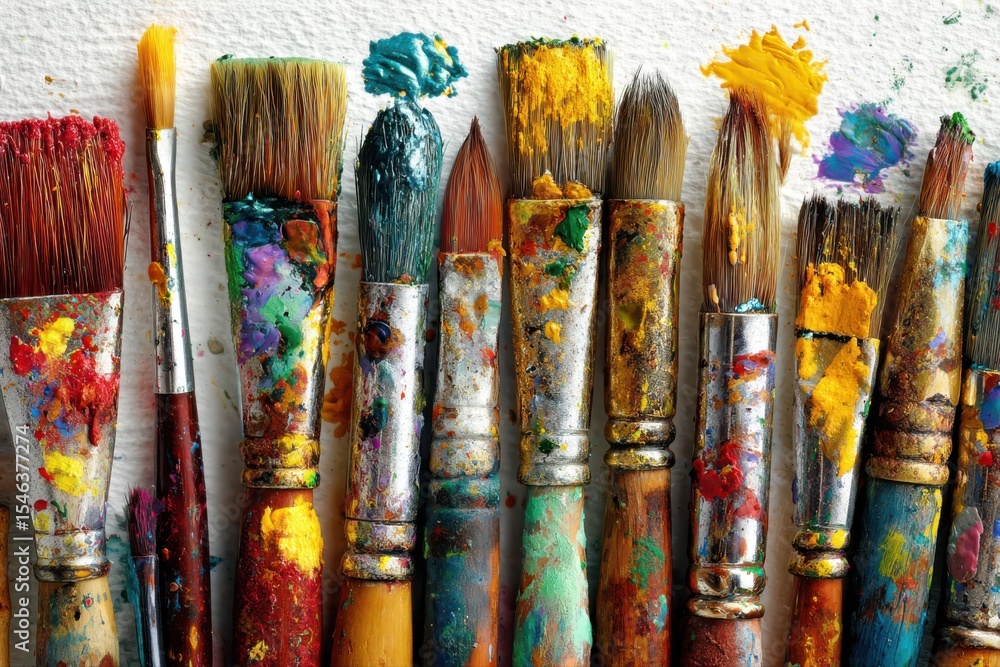 Obraz premium A variety of artist brushes with colorful paint splashes on white paper, ready for creative projects.