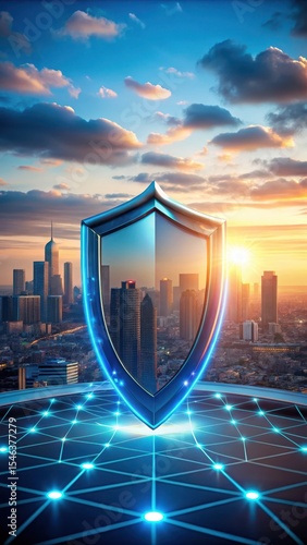 A futuristic shield with a metallic surface and glowing blue lines is placed in front of a cityscape at sunset