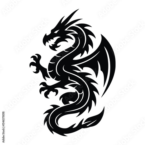 Tribal Dragon Silhouette  Fierce Mythical Creature Vector in Black and White