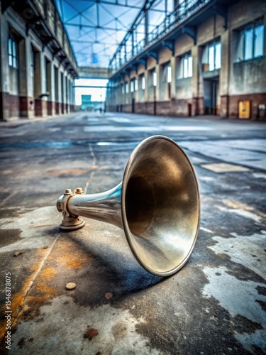 Lone metal bullhorn on weathered concrete floor
