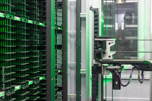 Automated industrial storage system with green light, Smart warehouse automation modern storage and retrieval system, Industry 4.0 automated robotic storage warehouse.
