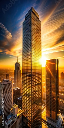 Panoramic view of a skyscraper at sunset with warm yellow light casting long shadows