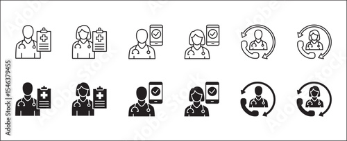 Healthcare icon set. Health insurance symbol. Doctor consultation apps icon. Icons set contains online doctor, hospital, medical consultant, medic, clinic, emergency call. Vector illustration