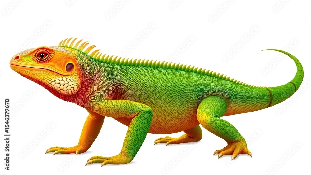 Naklejka premium Realistic side-profile illustration of a green iguana on white background. Shows detailed scaly skin, orange spines, banded tail, textured head, and sharp claws. Natural reptile beauty.