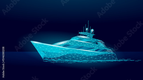 Luxury yacht low poly illustration. Modern boat graphic polygon art. Travel tourism maritime industry business concept. Blue dark background polygonal vector