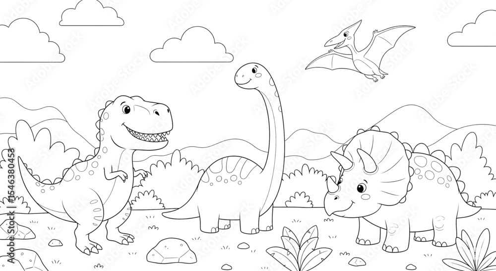 Obraz premium Cute Dinosaur Coloring Page for Kids – Fun Prehistoric Animals Drawing