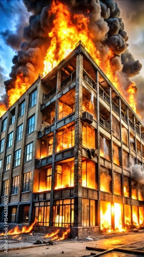 A multi-story building engulfed in flames