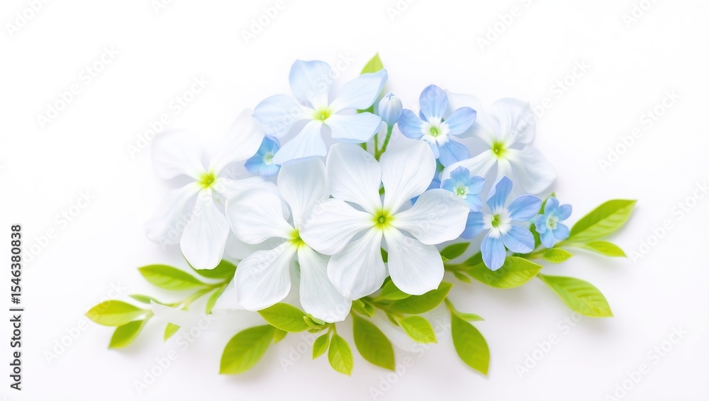 Fototapeta premium Close-up of white and blue five-petal flowers with green leaves on a clean white background, arranged in a balanced, soft, and minimal floral composition.