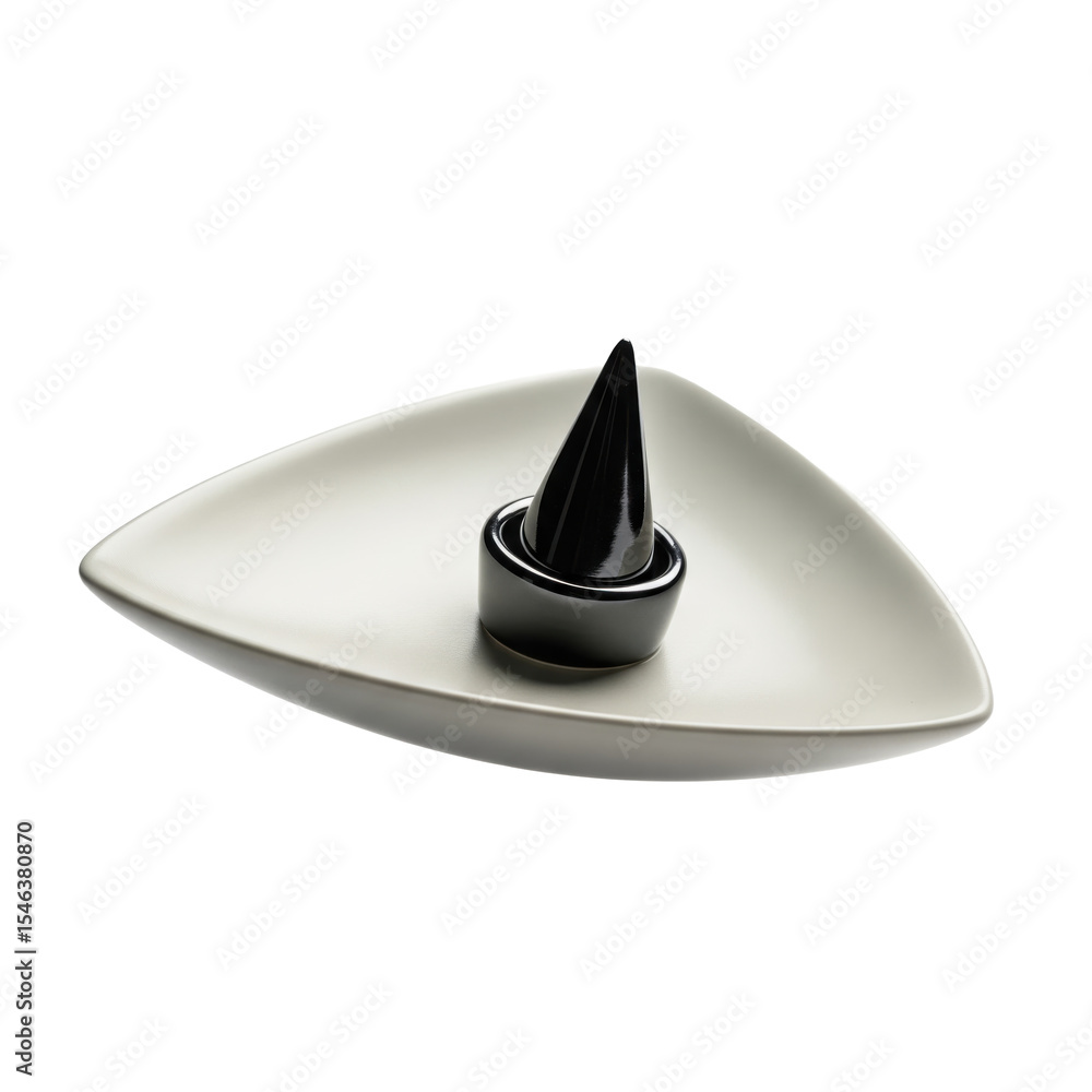 Fototapeta premium Floating ceramic triangle dish with ring cone in center on solid white background