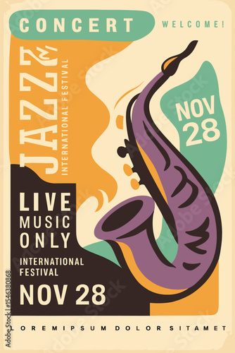 Jazz Festival Poster With Artistic Saxophone Drawing, Colorful Music Advertisement For Live Concert Event