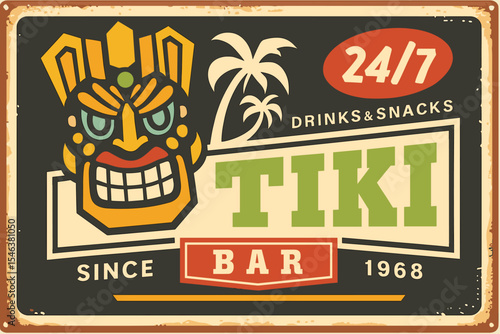 Tiki Bar Sign Design with Native Mask and Palm Trees, Tropical Beach Poster in Retro Style