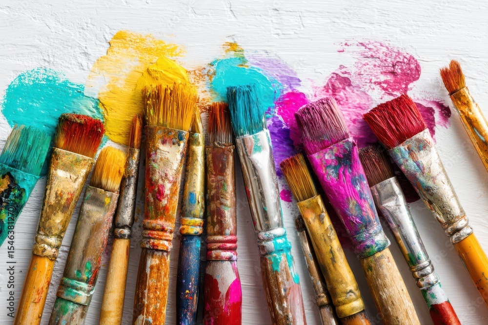 Fototapeta premium A group of colorful paint brushes with vibrant paint splashes on white paper, creating a creative and artistic scene.