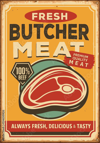 Fresh Meat Retro Poster - Vintage Butchery Shop Ad with Red Meat - Vector Illustration