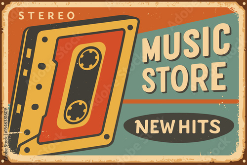Retro Music Store Sign - Vinyl Records & Cassette Tapes Vintage Advertisement