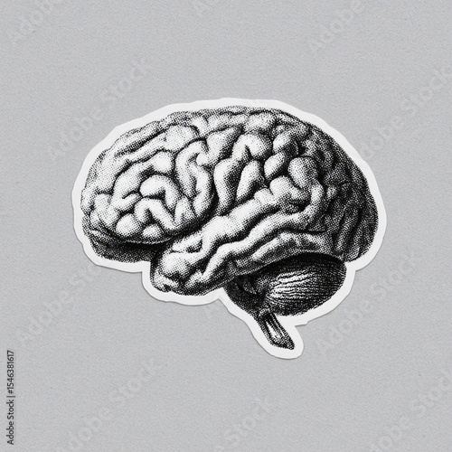 Generated Image of Retro vintage brain vibrant pop art collage, element set on transparent background monochrome halftone