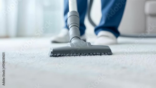 Person vacuuming light gray carpet in living room interior. Home cleaning service and housekeeping concept. Modern domestic maintenance with copy space for text