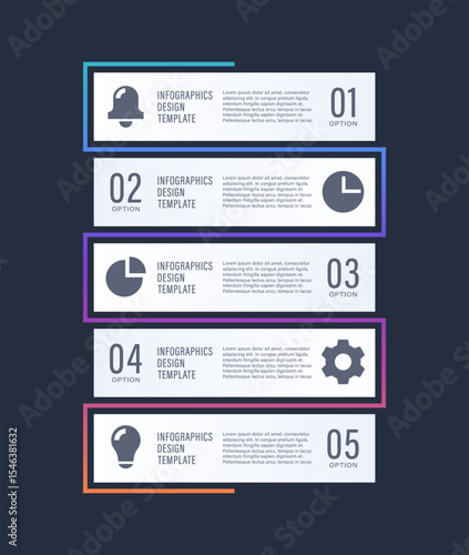 Vertical infographic template with five options. Five steps process vector infographic layout.