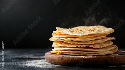 Wallpaper Mural A stack of freshly made flatbreads on a wooden board, still steaming and delicious. This image highlights culinary tradition and the art of bread making in vibrant cultures. Torontodigital.ca