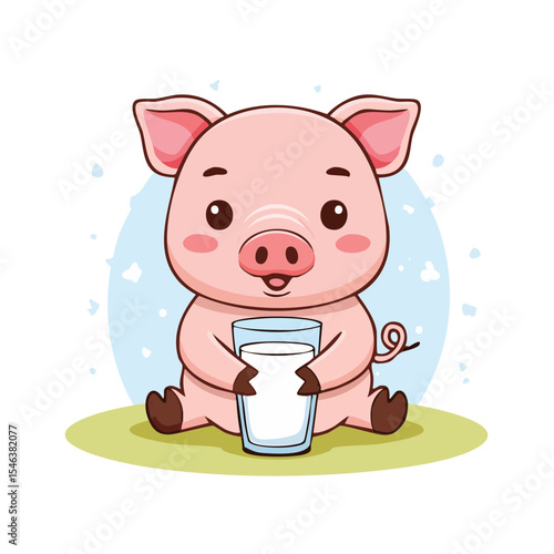 Cute pig cartoon drinking milk illustration for kids