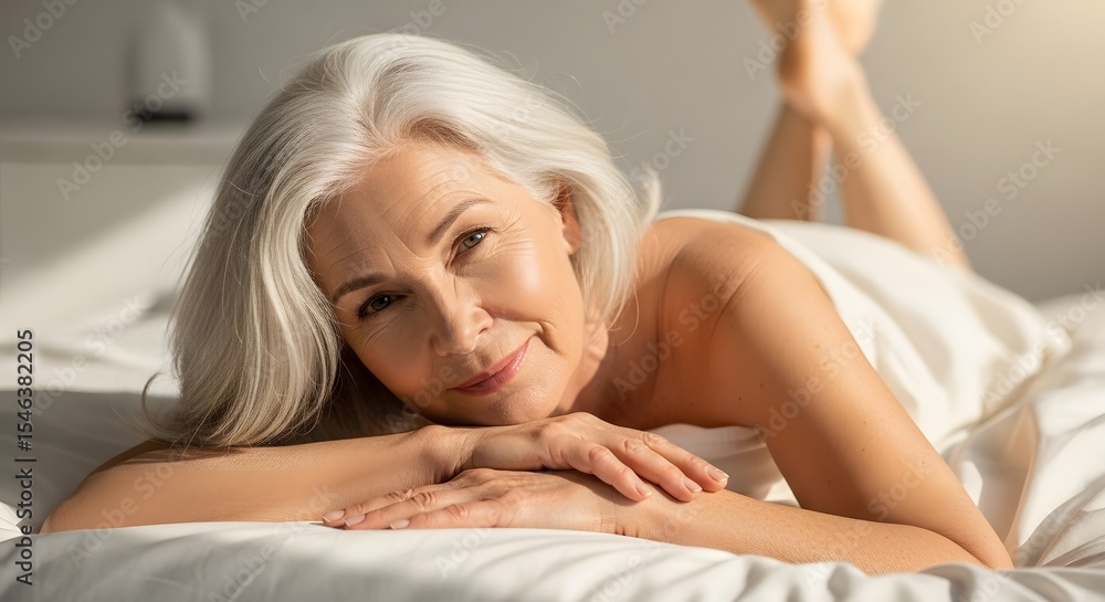 Fototapeta premium Serene Elegance: A graceful elderly woman, wrapped in a sheet, reclines comfortably on a bed, her eyes softly gazing toward the viewer, revealing a sense of peace and tranquility.