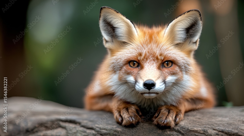 Fototapeta premium A striking fox lies gracefully on a log, with its piercing eyes and lush fur, showcasing the beauty of wildlife in a natural setting, evoking a sense of curiosity and admiration.
