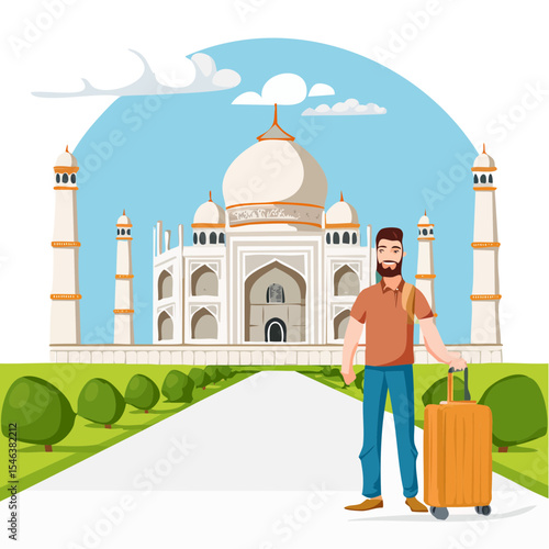 Traveler at the Taj Mahal with Luggage