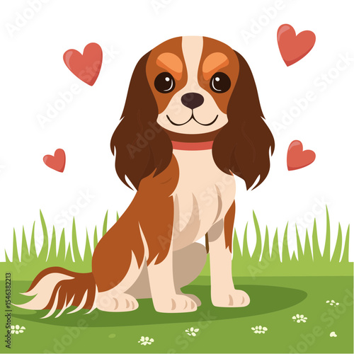 Cute Cavalier King Charles Spaniel sitting in grass with hearts