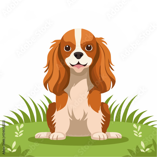 Cute Cavalier King Charles Spaniel Sitting on Green Grass Vector Illustration