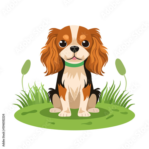 Cute Cavalier King Charles Spaniel Dog Sitting in a Meadow Cartoon Illustration