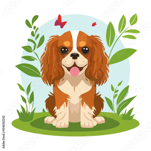 Cute Cavalier King Charles Spaniel with Butterflies in a Garden
