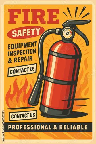 Fire safety equipment retro poster graphic design with vintage fire extinguisher sign illustration. Vector safety concept art for industrial warning.