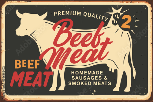 Vintage Butcher Shop Sign - Beef Meat Poster with Cow Silhouette - Retro Butchery Advertisement Vector